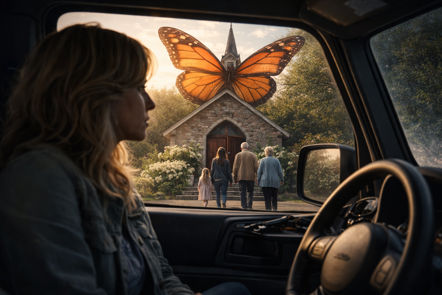 Eva watching from the Jeep as a giant monarch butterfly hovers over the church