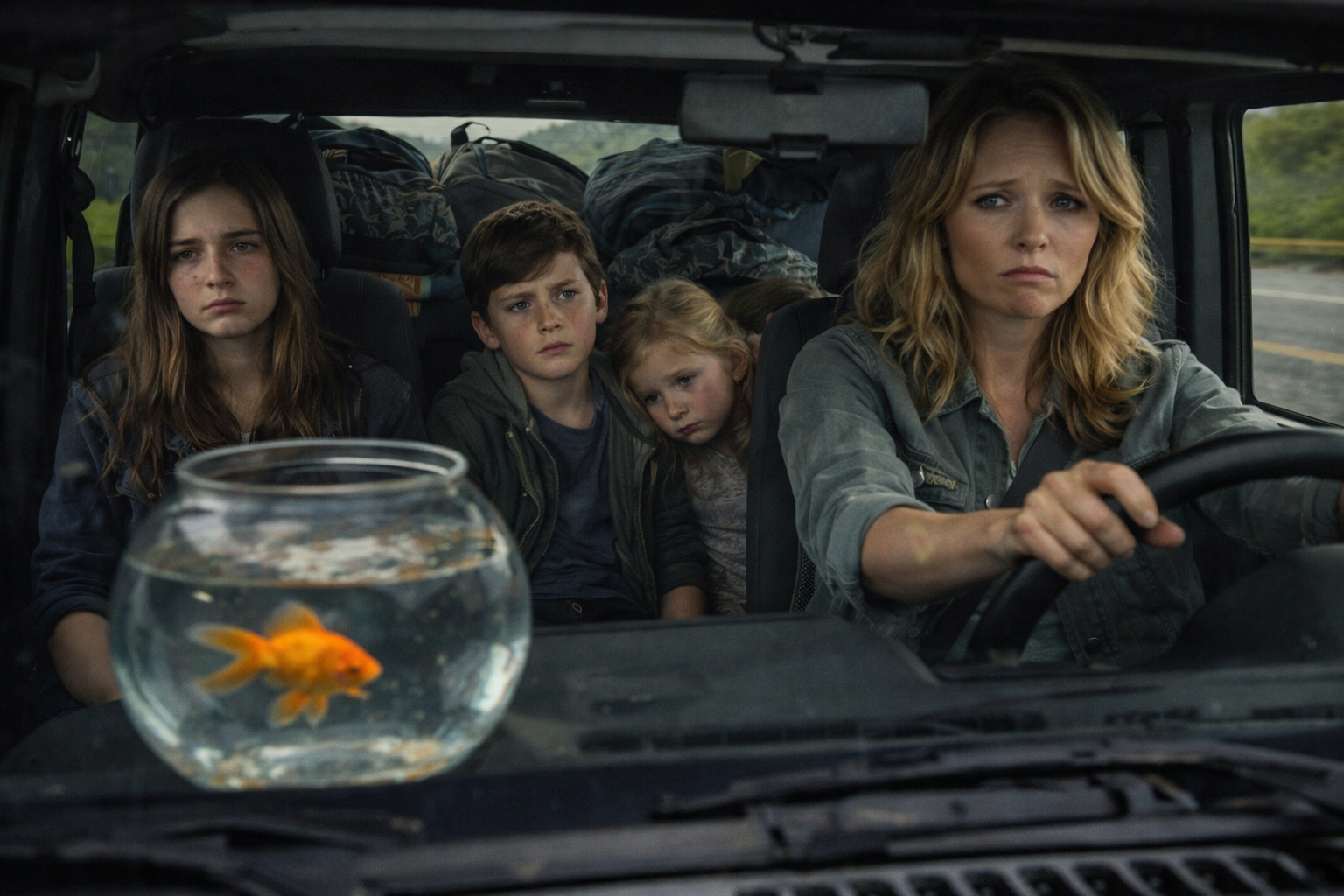 The family in the Jeep with Jack Fish in a goldfish bowl