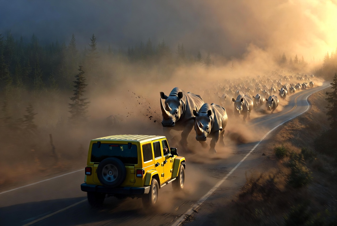 A stampede of rhinos chasing the Jeep through misty PNW roads