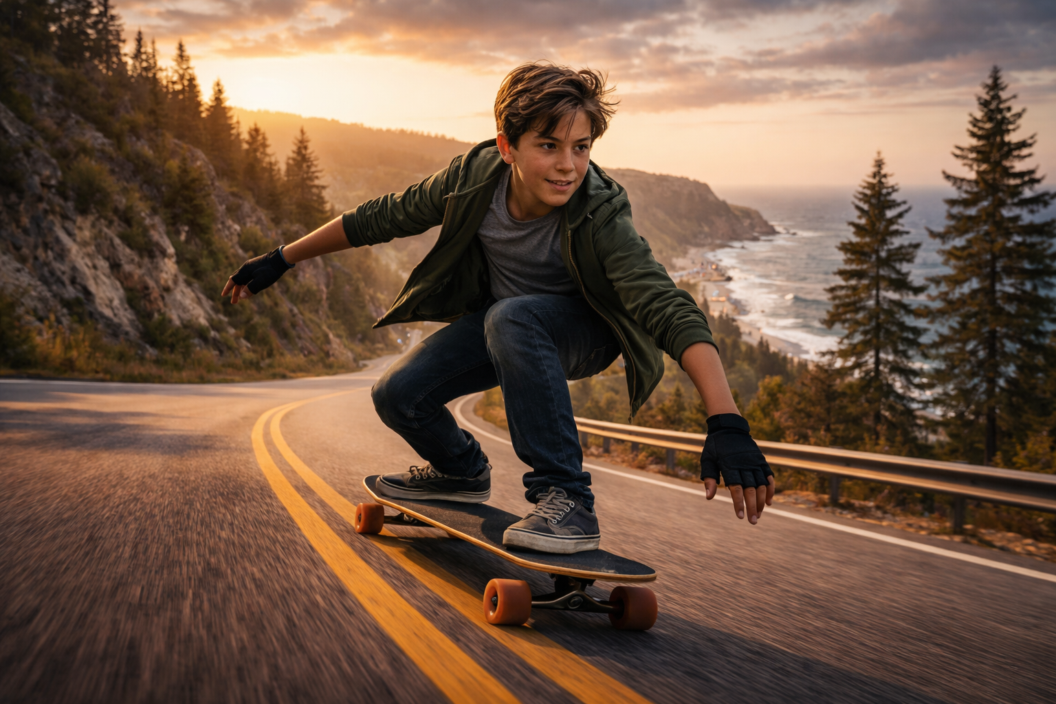 Eric longboarding down a coastal road at sunset