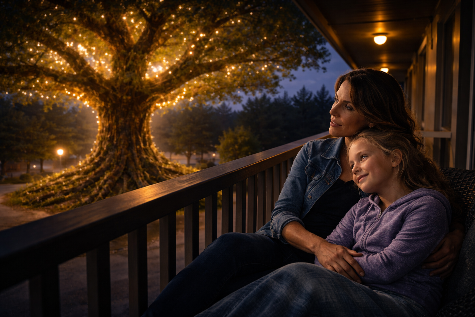 Eva and Astrid on the porch with The Summer Tree