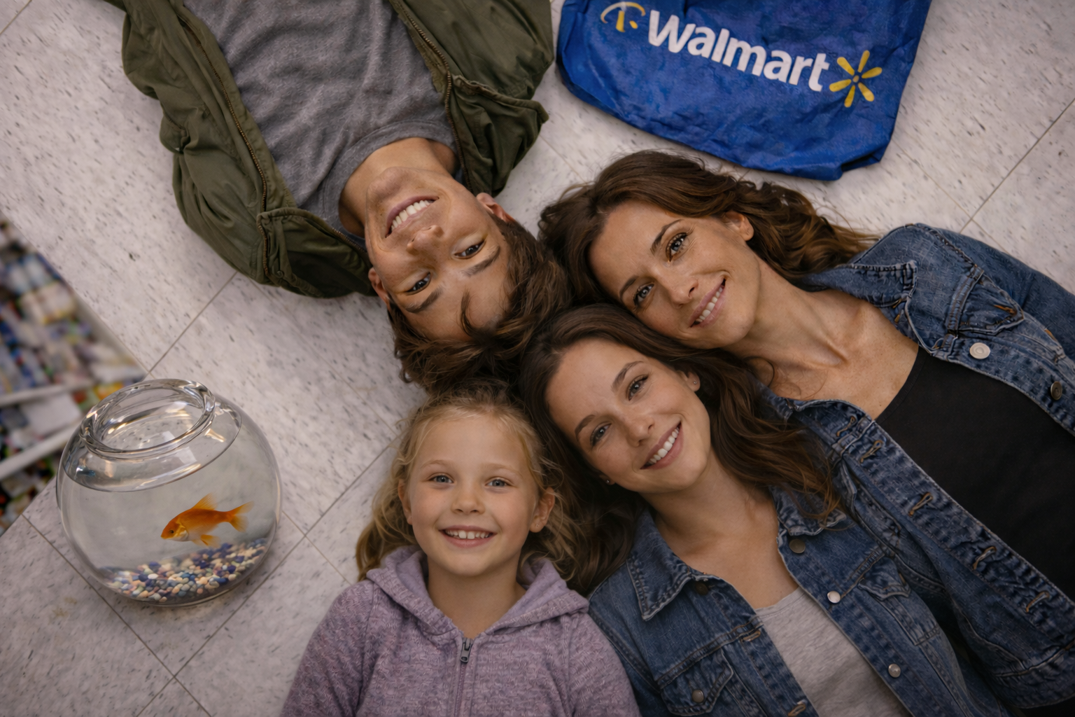 The family lying together on the floor with Jack Fish in his goldfish bowl