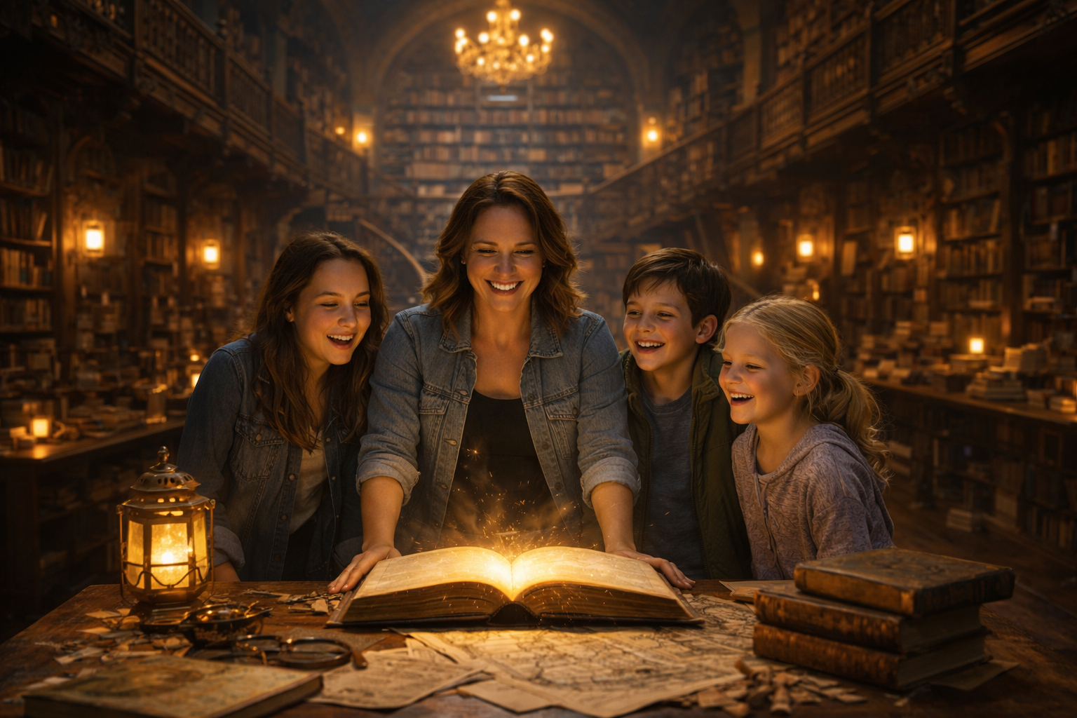 Eva and the children gathered around a glowing book in a magical library