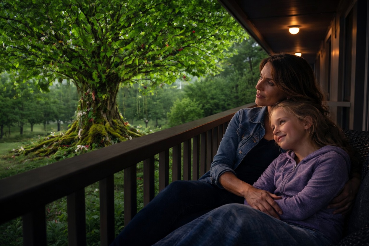 Eva and Astrid face a glowing tree in a supernatural snowstorm