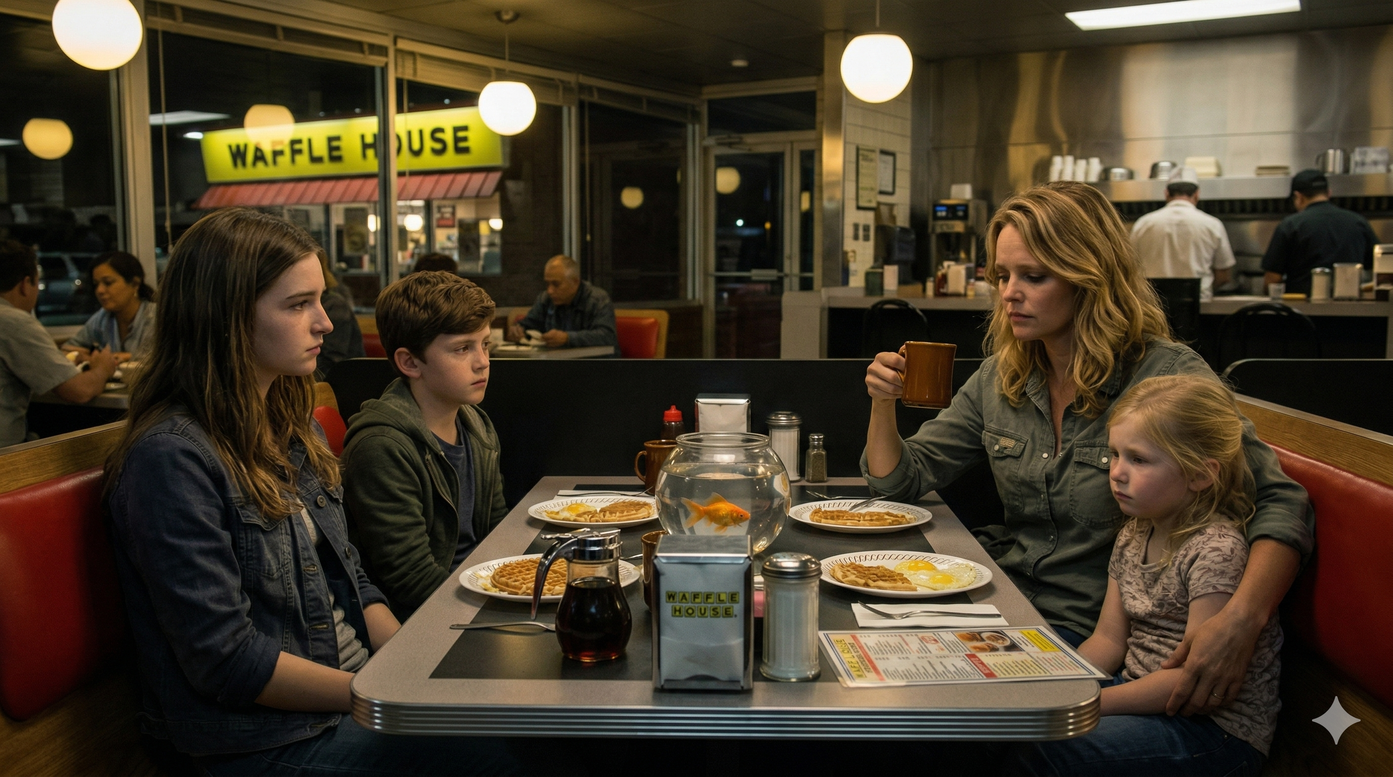 The family at a Waffle House on the road trip